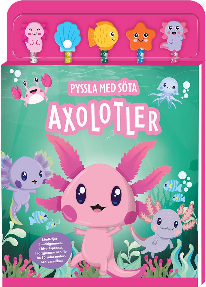Pyssla med söta axolotler - 5 pennor & bok