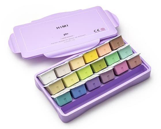 HIMI Jelly Cup Gouache Purple Case - 18 Pastel Colours + 3 Brushes