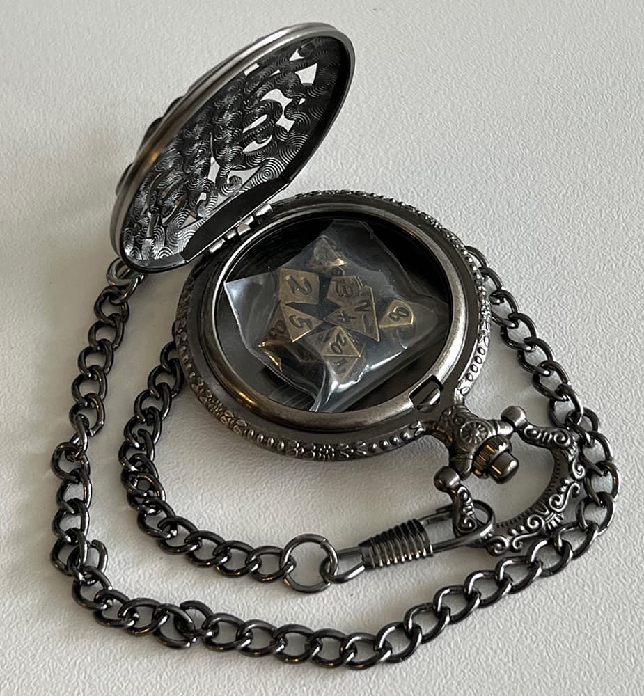 Miniature Metal Dice In Pocket Watch Style Case