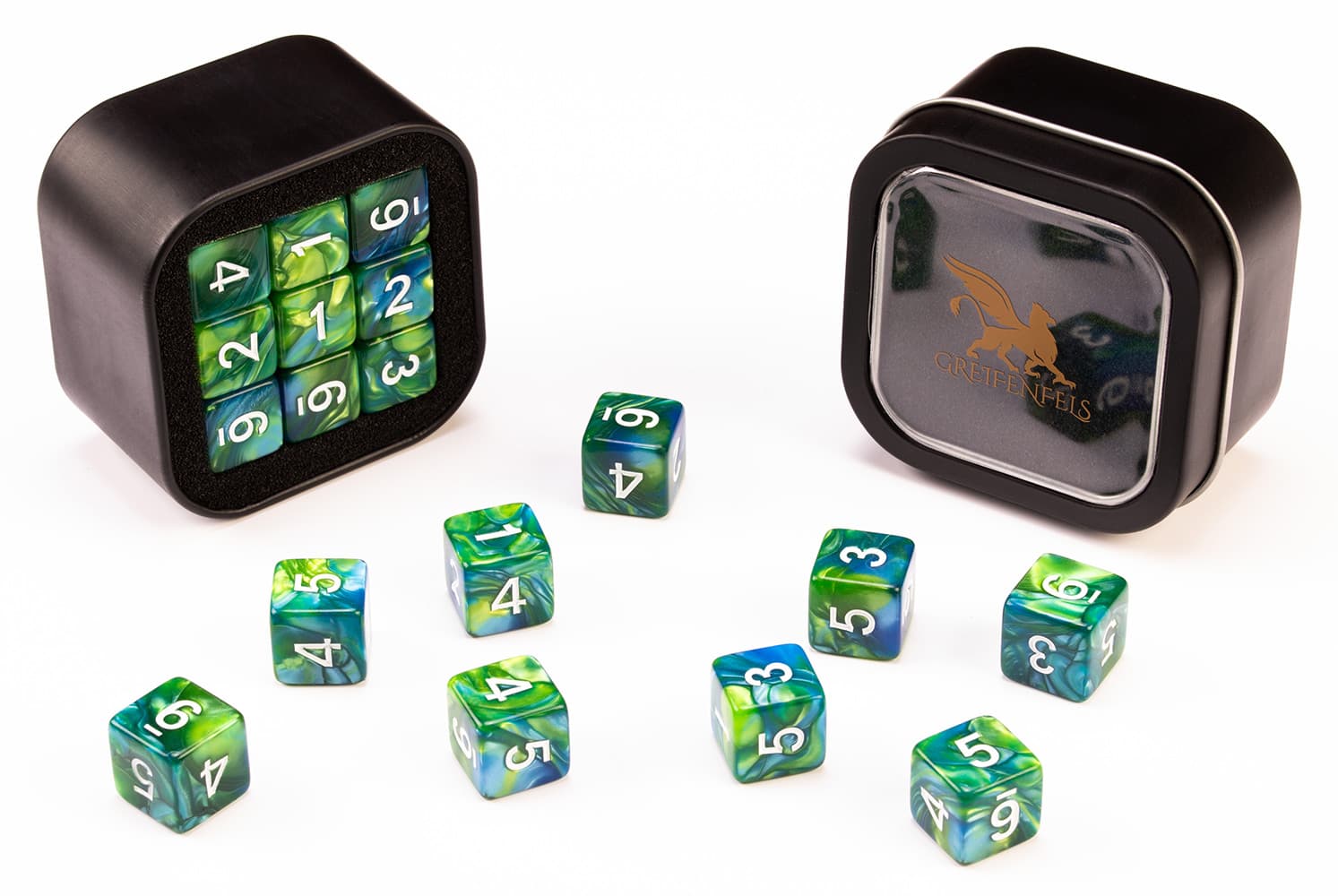 18d6 Marble Series: Blue & Green - Numbers: White