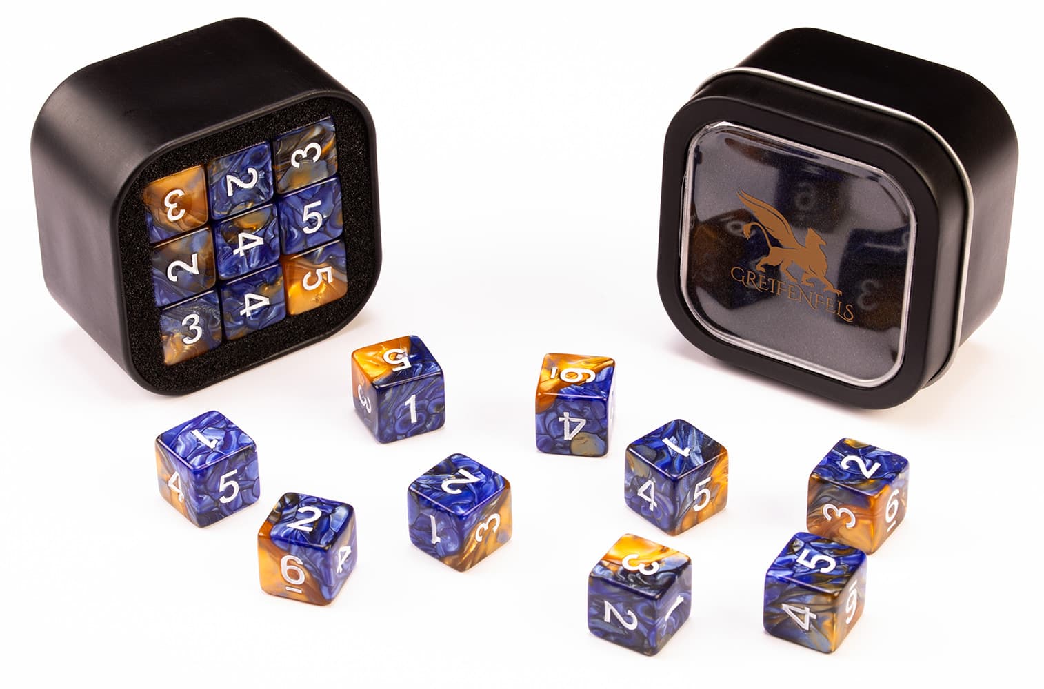 18d6 Marble Series: Blue & Gold - Numbers: White