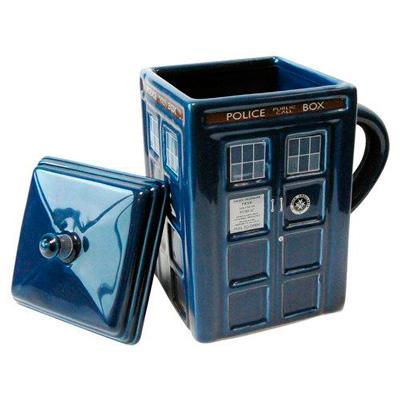 Tardis Ceramic Mug with sculpted detail & lid