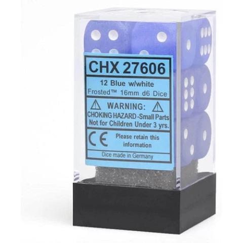 Frosted 16mm d6 Blue w/white Dice Block (12 d6)