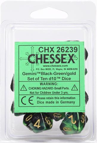 Gemini Black-Green with Gold (set of ten d10)