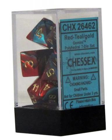 Gemini Red-Teal with Gold (set of 7 dice)