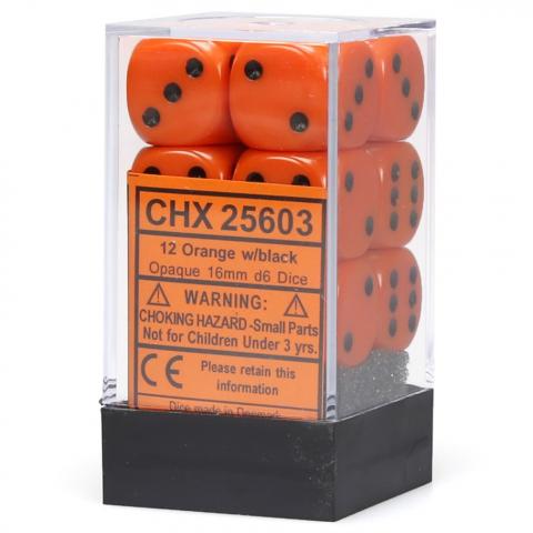 Opaque 16mm d6 Orange with Black Dice Block (12 d6)