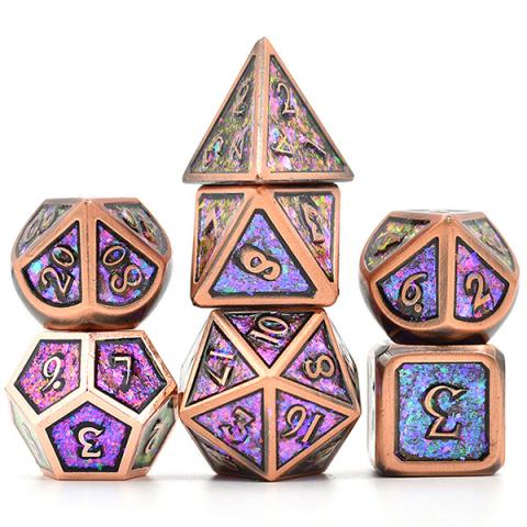 Metal Dice Copper Plated Purple, Blue & Gold Glitter(set of 7 dice)