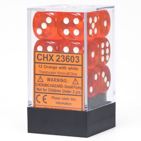 Translucent 16mm d6 Orange with White Dice Block (12 d6)