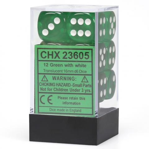 Translucent 16mm d6 Green with White Dice Block (12 d6)