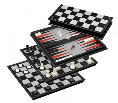 3 in 1 Chess, Backgammon and Checkers Set (Plastic Magnetic Black)