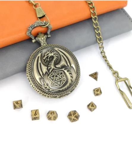 Pocket "Watch" with Miniature Metal Dice, Dragon