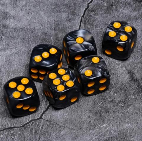 16 mm Black w Yellow Pips Dice Set 12 D6