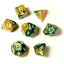 Gemini Gold-Green with White (set of 7 dice)