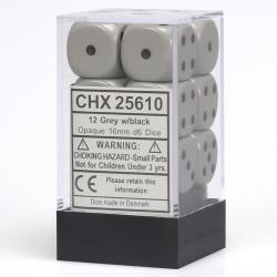 Opaque 16mm d6 Grey with Black Dice Block (12 d6)