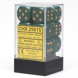 Opaque 16mm d6 Dusty Green with Gold Dice Block (12 d6)