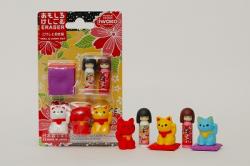 Japanese Kokeshi & Lucky Cat Eraser Set