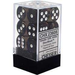 Translucent 16mm d6 Smoke with White Dice Block (12 d6)