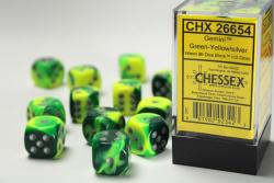 Gemini 16mm d6 w pips Green-Yellow w/silver Dice Bl. (12d6)